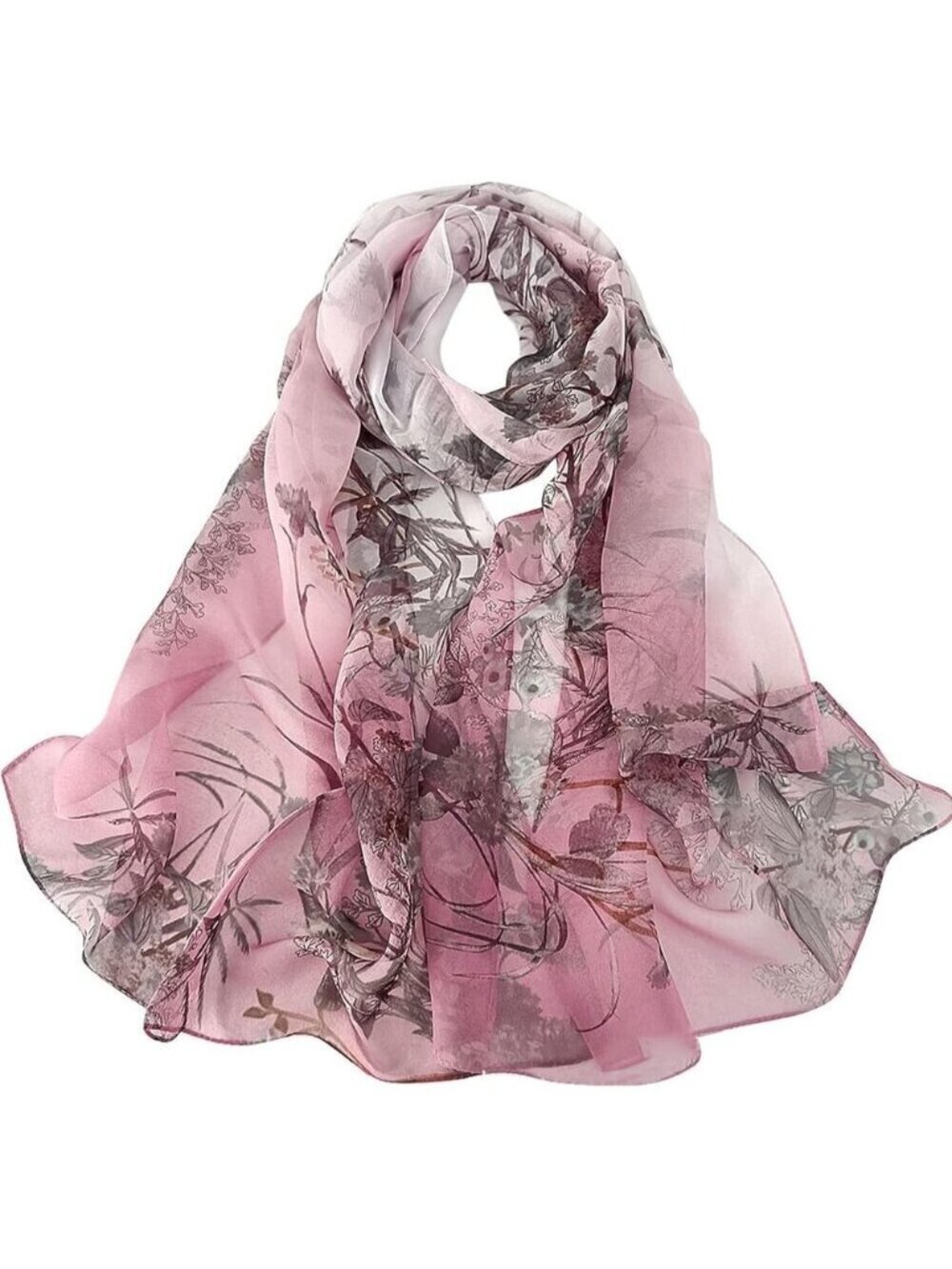 Women's Grass Pink Fashion Lightweight Head Scarf Floral Print Chiffon Scarves